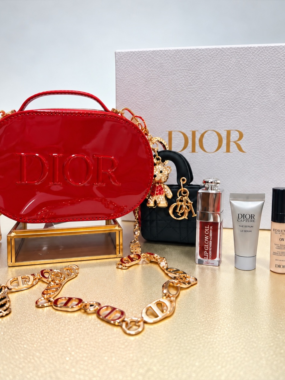 Dior Beauty Gift Bundle • Red Glossy Crossbody Case, Mini Bag Charm & Cosmetics
